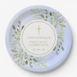 Watercolor Greenery Blue First Holy Communion Paper Plate