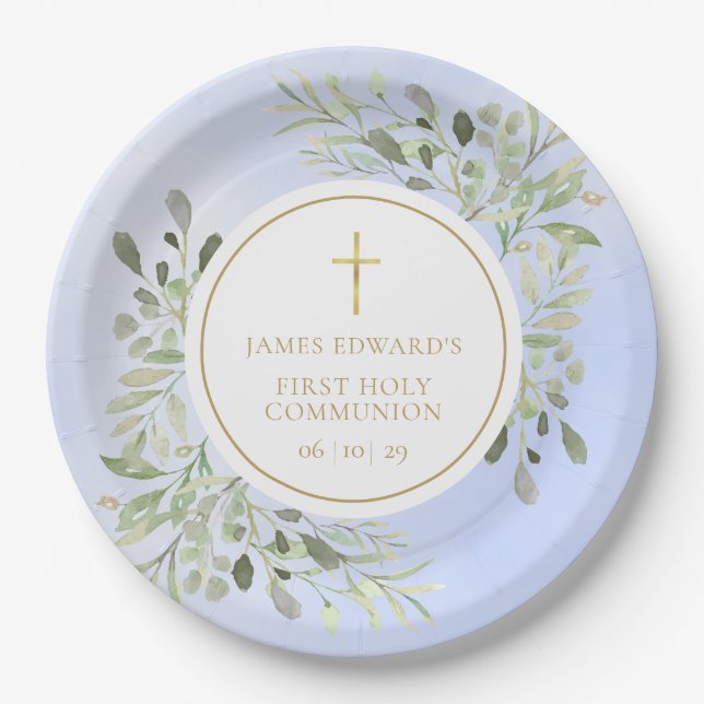 Watercolor Greenery Blue First Holy Communion Paper Plate (Front)