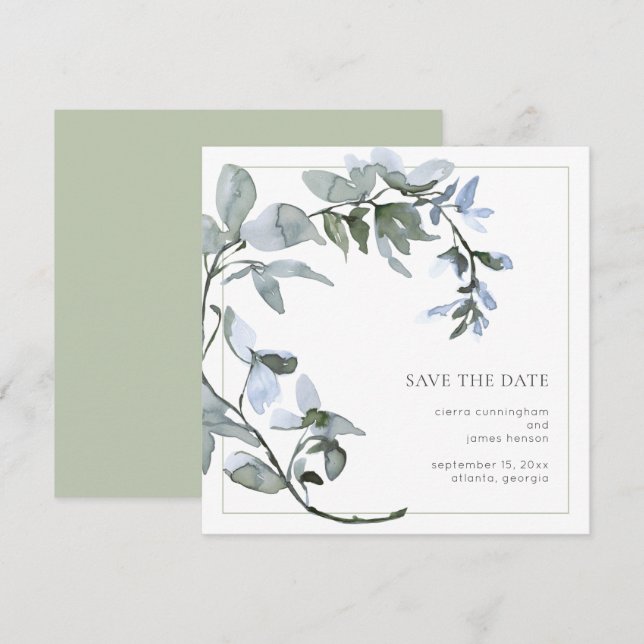 Watercolor Greenery Blue Floral Save The Date (Front/Back)