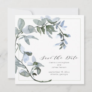 Watercolor Greenery Blue Floral Script  Save The Date