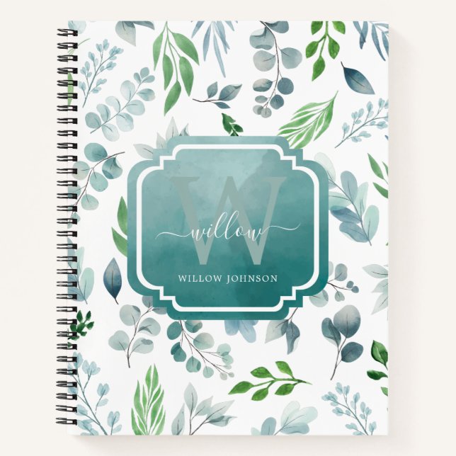 Watercolor Greenery Blue Green Foliage Monogram Notebook (Front)