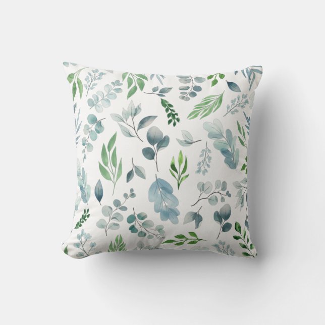Watercolor Greenery Blue Green Leaves Botanical Throw Pillow (Front)