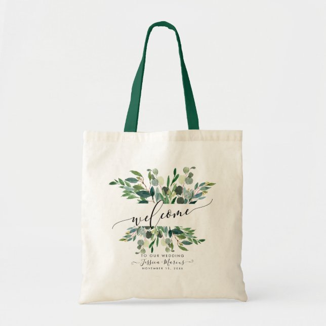 Watercolor Greenery, Blue Gum Eucalyptus Welcome Tote Bag (Front)