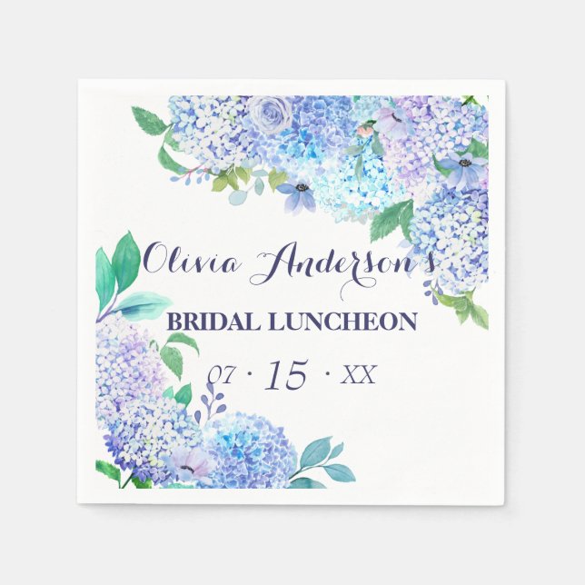Watercolor Greenery Blue Hydrangea Bridal Luncheon Napkin (Front)