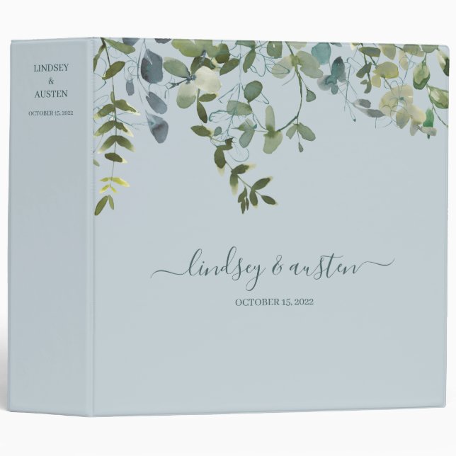 Watercolor Greenery Blue Teal Wedding Planner Binder (Front/Spine)
