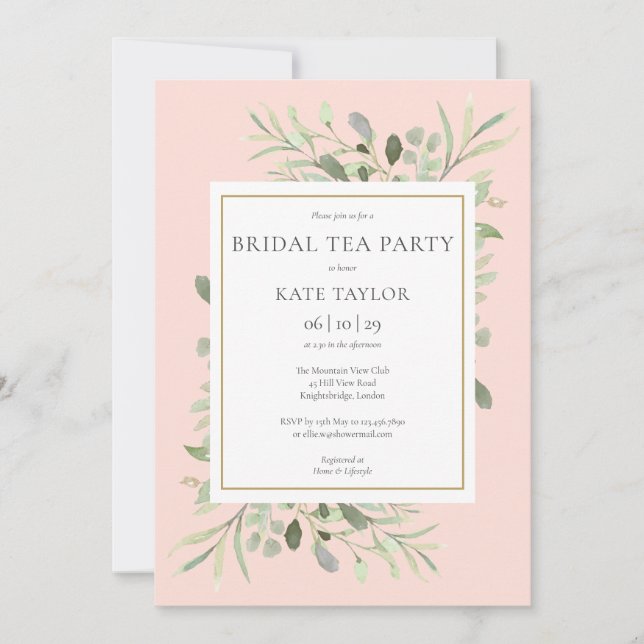 Watercolor Greenery Blush Pink Bridal Tea Party Invitation (Front)