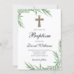 Watercolor Greenery Botanical Boy Baptism Invitation