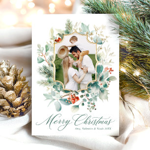Watercolor Greenery Botanical Merry Christmas Holiday Card