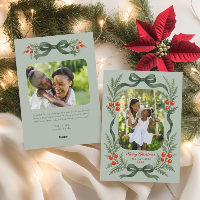 Watercolor Greenery Bow Merry Christmas Photo Holiday Card (Creator Uploaded)