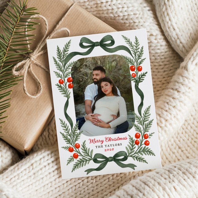 Watercolor Greenery Bow Merry Christmas Photo Holiday Card (Creator Uploaded)