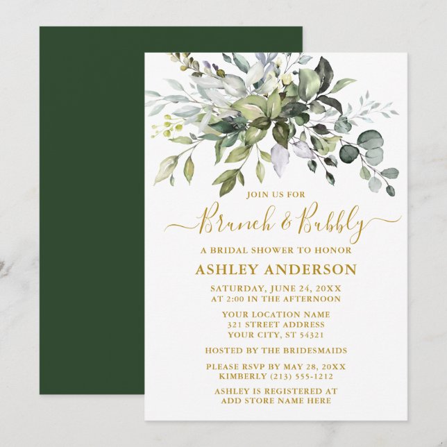 Watercolor Greenery Bridal Brunch Bubbly Gold Invitation (Front/Back)