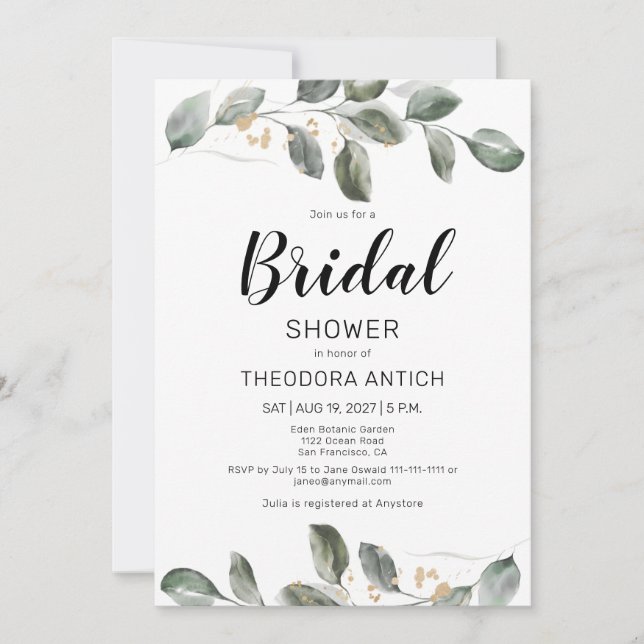Watercolor Greenery Bridal Shower Invitation (Front)