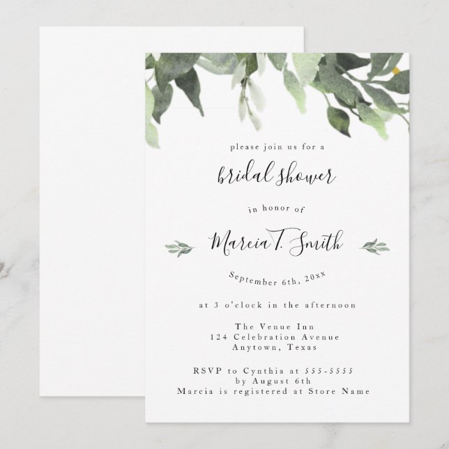Watercolor Greenery Bridal Shower Invitations  (Front/Back)