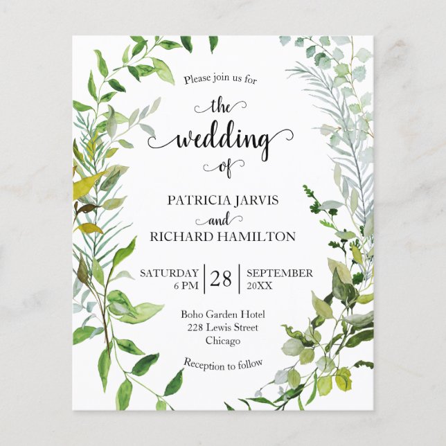 Watercolor Greenery Budget Wedding Invitation (Front)
