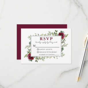 Watercolor Greenery Burgundy Roses Wedding RSVP Card