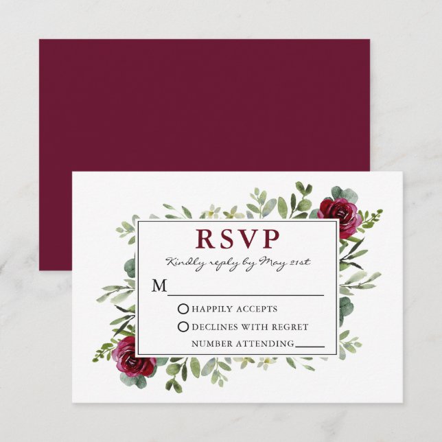 Watercolor Greenery Burgundy Roses Wedding RSVP Card (Front/Back)