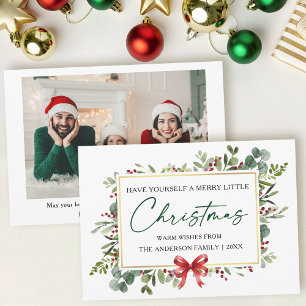Watercolor Greenery Calligraphy Ink Red Bow Photo Holiday Card