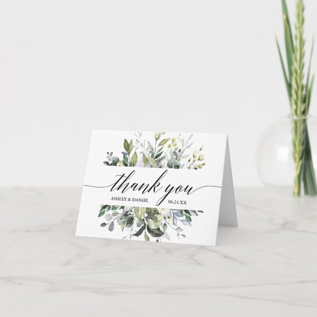 Watercolor Greenery Calligraphy Note Wedding Thank You Card (Front)