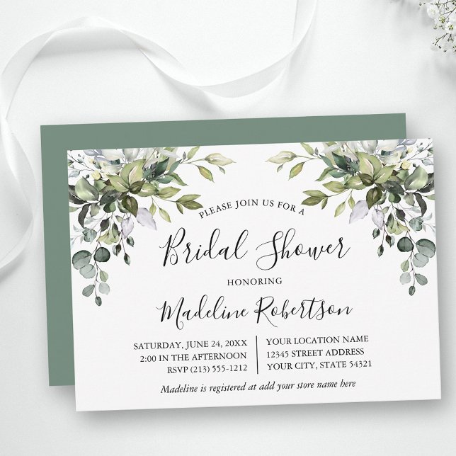 Watercolor Greenery Calligraphy Sage Bridal Shower Invitation (Customize to change text color, text style or color of back of card.)