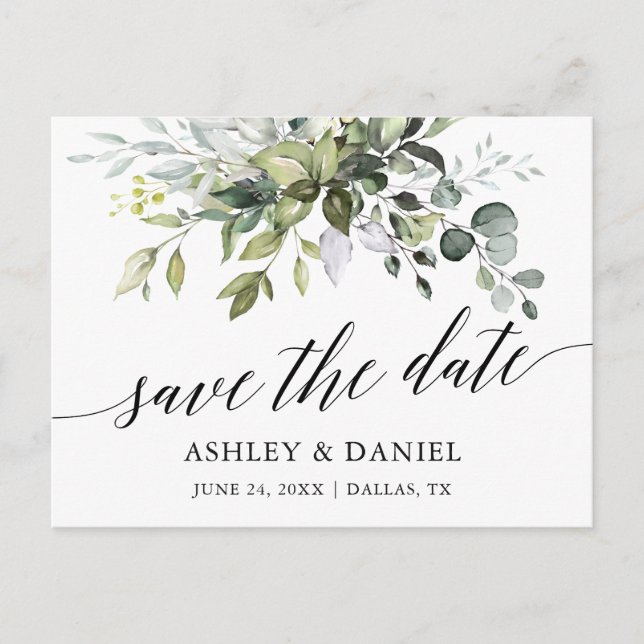 Watercolor Greenery Calligraphy Save The Date Postcard (Front)