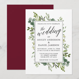 Watercolor Greenery Calligraphy Wedding Burgundy Invitation