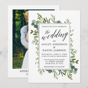 Watercolor Greenery Calligraphy Wedding Photo Invitation