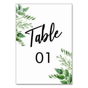 Watercolor Greenery, Casual Handwriting Typography Table Number