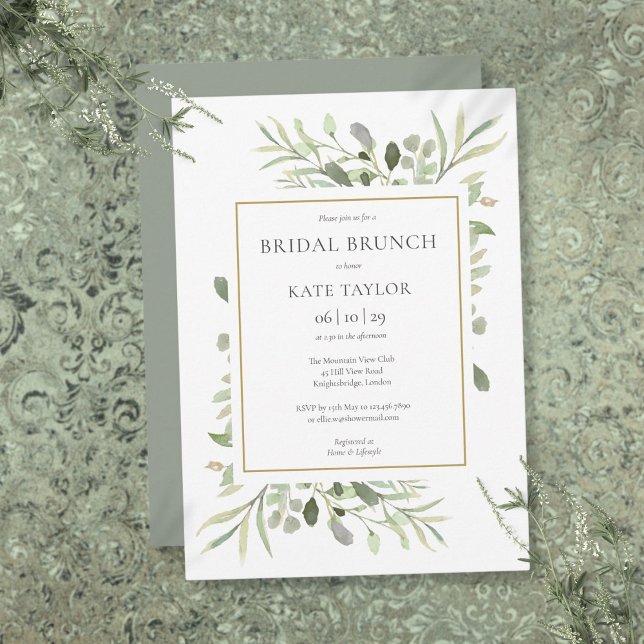 Watercolor Greenery Chic Gold Bridal Brunch Invitation (Watercolor Greenery Chic Gold Bridal Brunch Invitation)