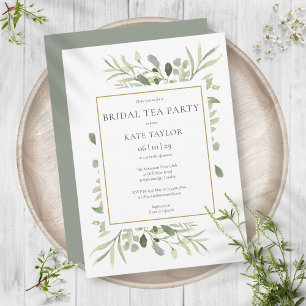 Watercolor Greenery Chic Gold Bridal Tea Party Invitation