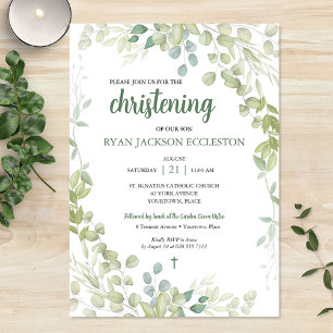 Watercolor Greenery Christening Baby Invitation