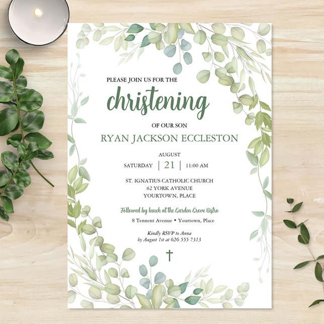 Watercolor Greenery Christening Baby Invitation (Watercolor Greenery Christening Baby Invitation)