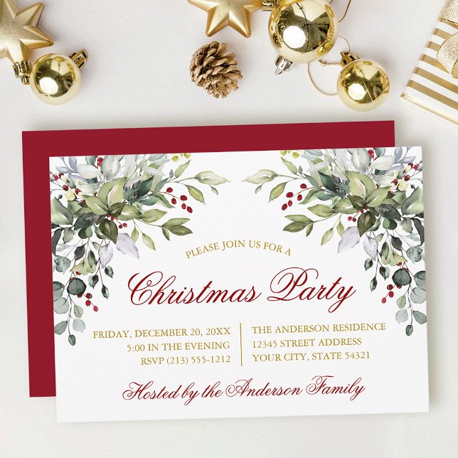 Watercolor Greenery Christmas Party Red Gold Invitation (Customize to change text size, color, style or to change color of back of card.)