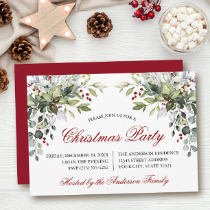 Watercolor Greenery Christmas Party Red Invitation