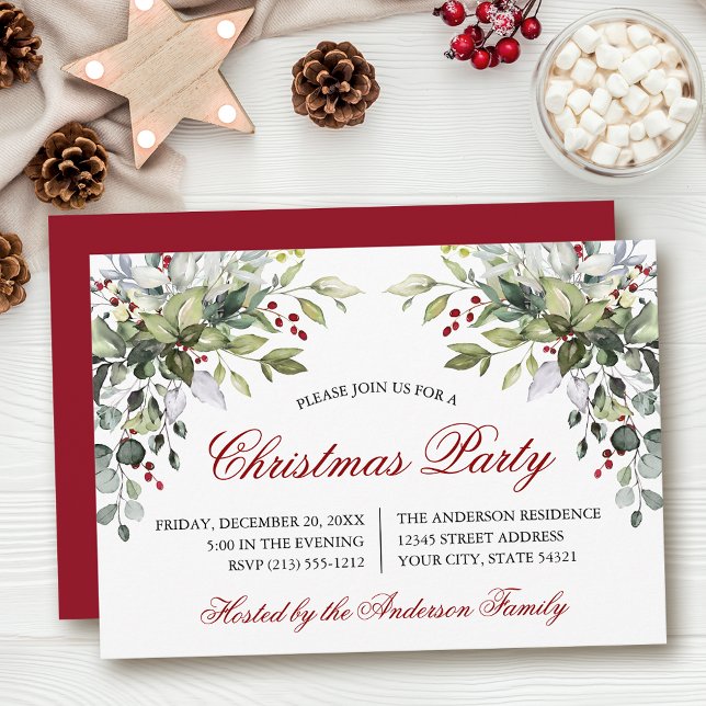 Watercolor Greenery Christmas Party Red Invitation (Customize to change text size, color, style or to change color of back of card.)