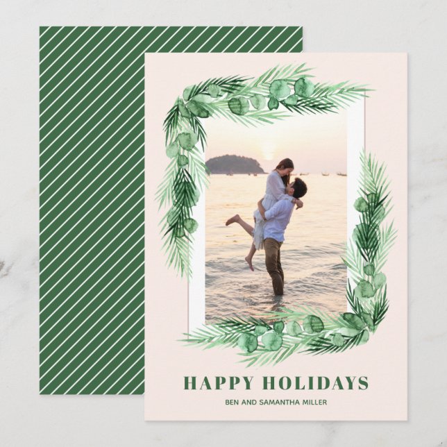 Watercolor Greenery Christmas Photo Holiday Card (Front/Back)