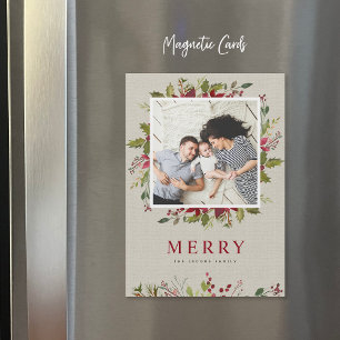 Watercolor Greenery Christmas Photo Magnetic Card