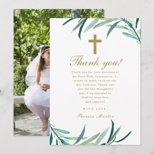 Watercolor Greenery Communion Photo Thank You Card