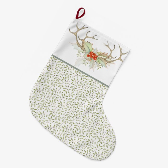 Watercolor Greenery Country Christmas Large Christmas Stocking (Front (Hanging))