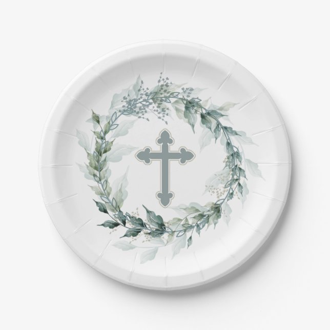 Watercolor Greenery Cross Communion Paper Plate (Front)