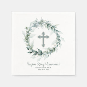 Watercolor Greenery Cross First Communion Napkins