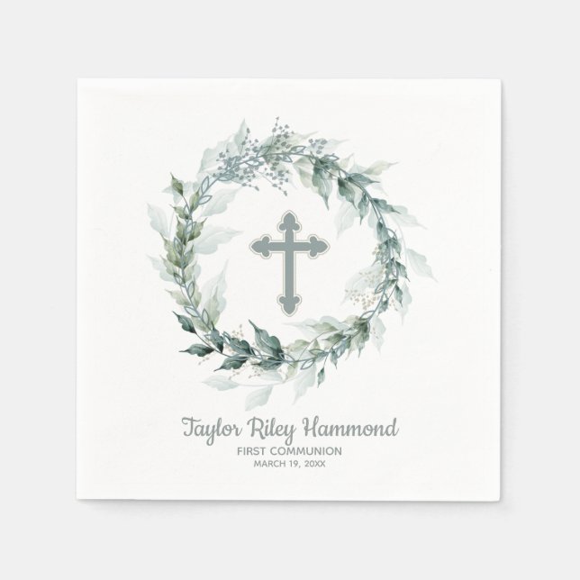 Watercolor Greenery Cross First Communion Napkins (Front)