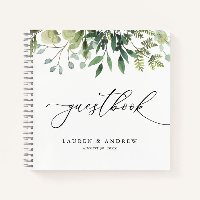 Watercolor Greenery Custom Wedding Guestbook Notebook (Front)