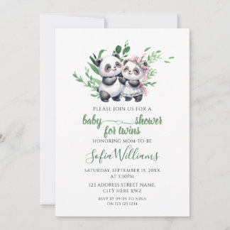 Watercolor Greenery Cute Panda Twins Baby Girl Boy Invitation