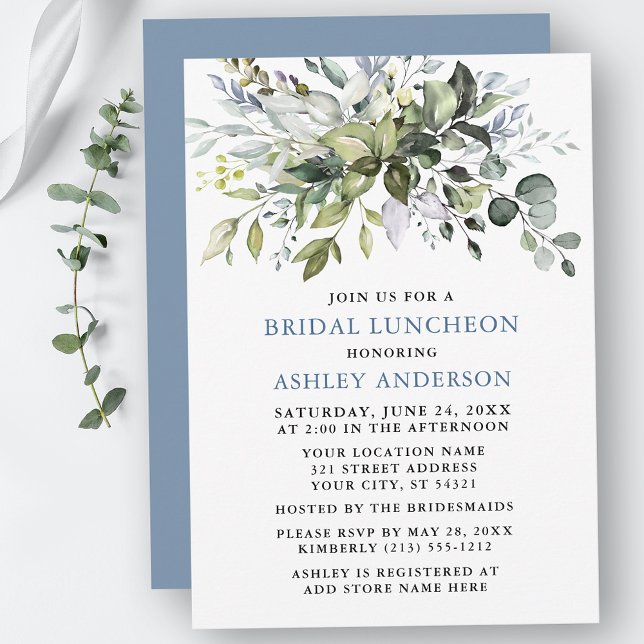 Watercolor Greenery Dusty Blue Bridal Luncheon Invitation (Customize to change text color, text style or color of back of card.)