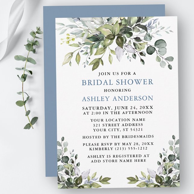 Watercolor Greenery Dusty Blue Bridal Shower Invitation (Customize to change text color, text style or color of back of card.)