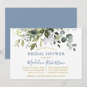 Watercolor Greenery Dusty Blue Gold Bridal Shower Invitation