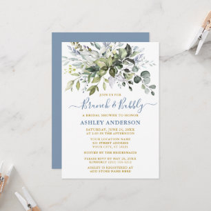 Watercolor Greenery Dusty Blue Gold Bridal Shower Invitation