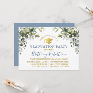 Watercolor Greenery Dusty Blue Gold Grad Party Invitation