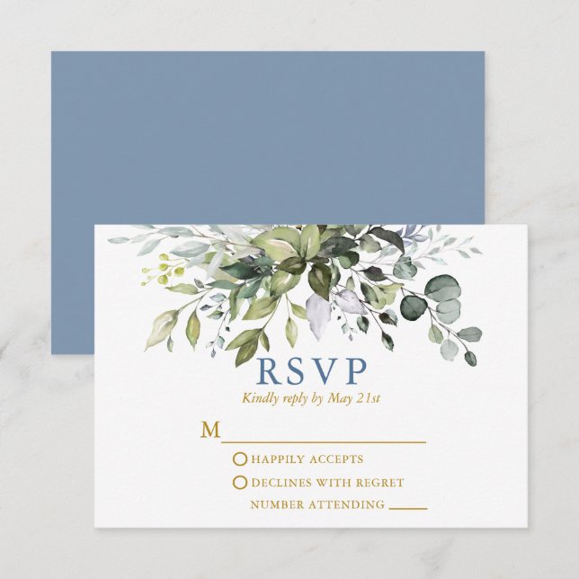 Watercolor Greenery Dusty Blue Gold Wedding RSVP Card (Front/Back)