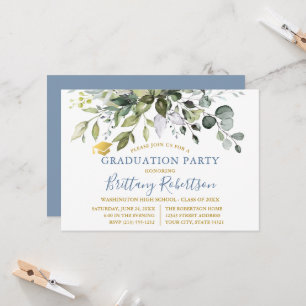 Watercolor Greenery Dusty Blue Graduation Party Invitation